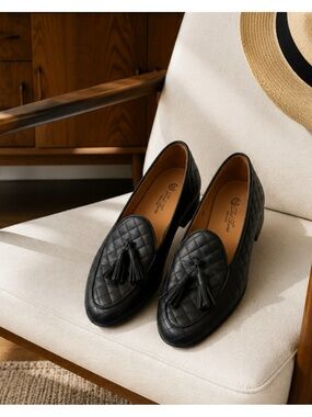 Del Toro Black Leather Quilted Tassel Slip-On Loafers Size 10